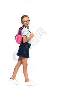 身戴眼镜的女中学生站立和触摸着被孤立在图片