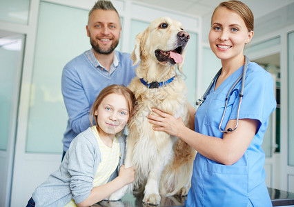 年轻兽医和有狗的全家在兽医图片