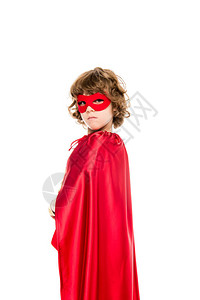 穿着超级英雄服装的男孩红色斗篷在图片