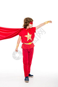 穿着超级英雄服装的小男孩挥舞图片