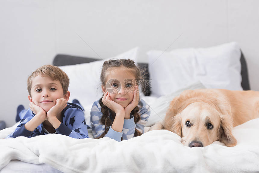 学龄前儿童和狗一起躺在床上图片
