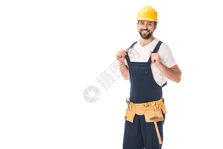 身戴工具带和硬帽子的帅工人图片