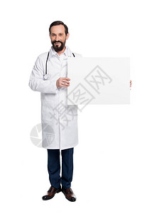 中年快乐的中年医生手持白色孤图片