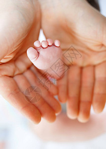 父亲或母亲抱着刚出生的婴儿的脚成人手和婴儿小婴儿脚快乐的父母图片