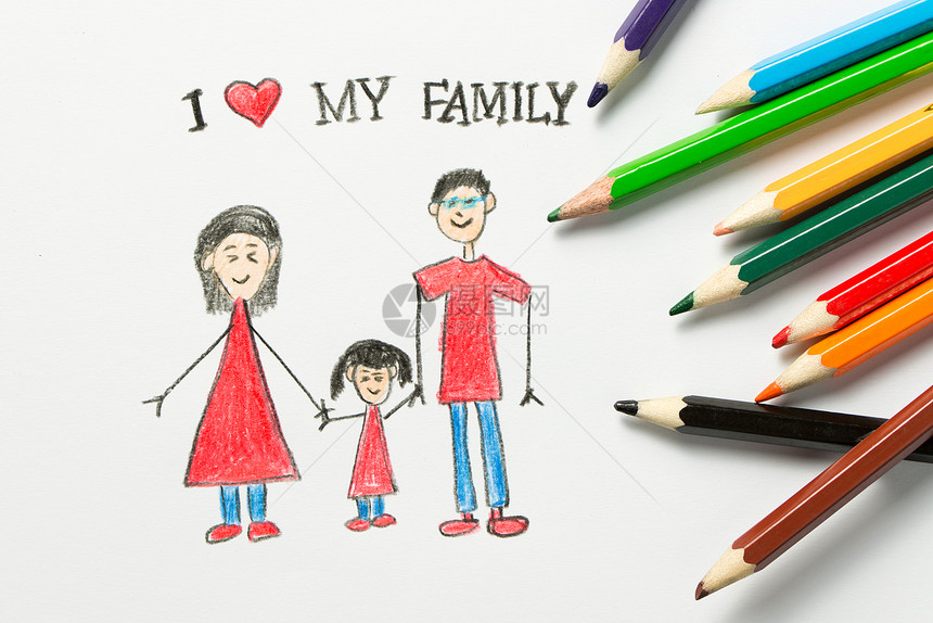 孩子画着幸福的家庭父亲母亲和女儿图片