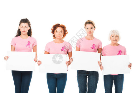 穿粉红色T恤衫有乳癌认识的丝带图片