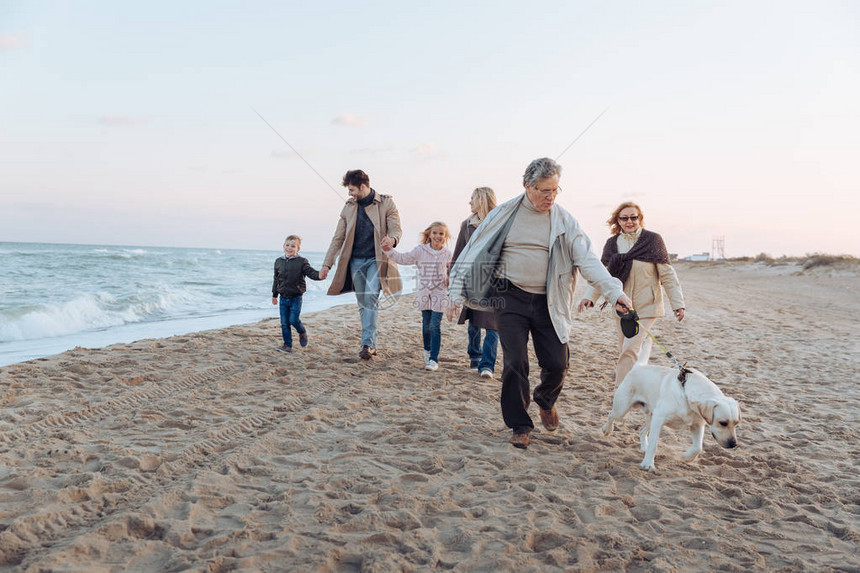 多代家庭与狗一起在海图片