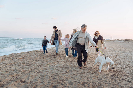 多代家庭与狗一起在海图片