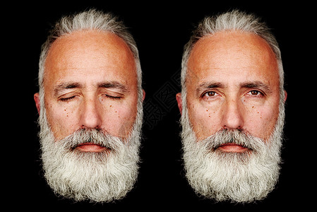 黑色背景下大胡子老人的两张脸图片