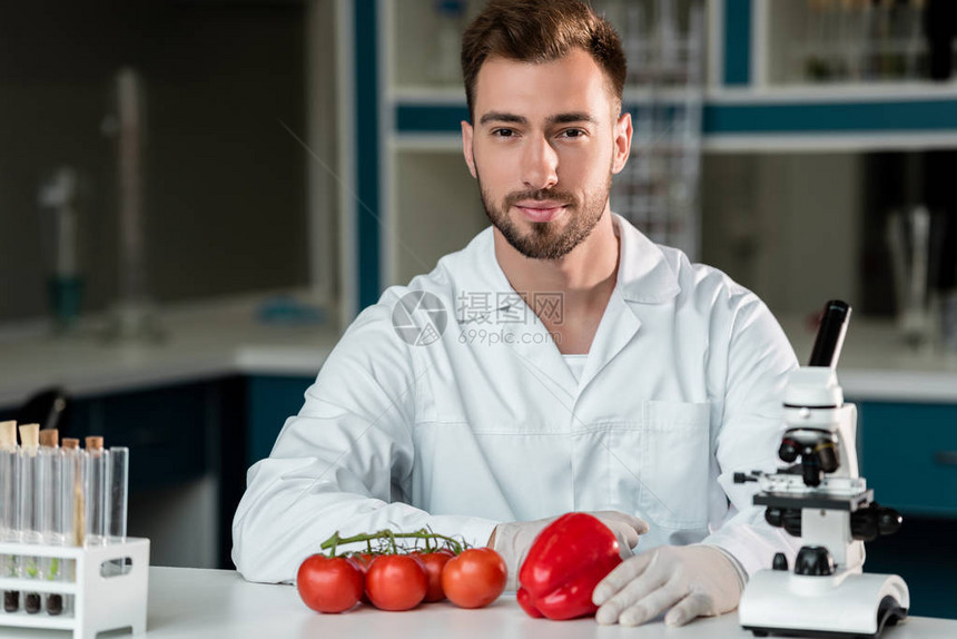 从事蔬菜和实验室照相机研究的英俊男科学家图片