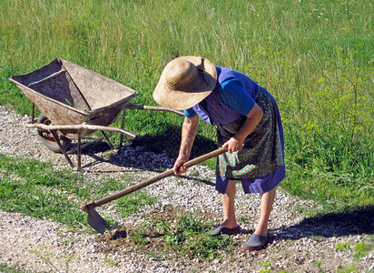 一个农民用锄头和手推车耕地背景图片