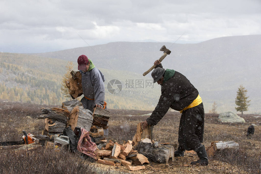 草原上用砍柴的蒙古游牧民族图片