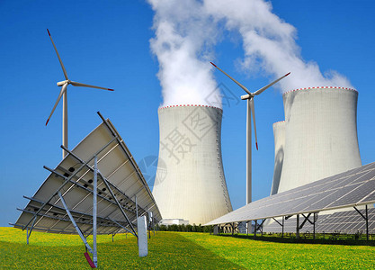 太阳能电池板风力涡轮机和核电背景图片