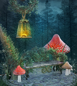 四块石公园带有长凳蘑菇和的梦幻般迷人的休息场所3D插图设计图片