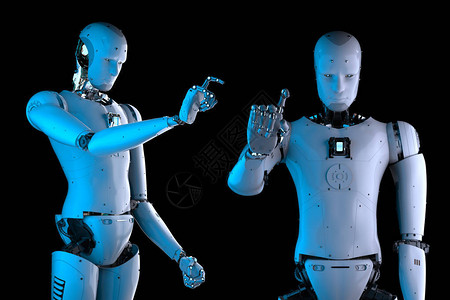 3d渲染人形机器人手指向黑色背景图片