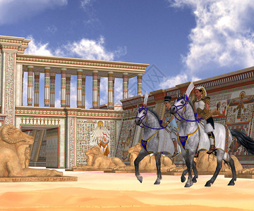 埃及的法老和王后骑马穿过他们的王国图片