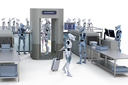 3D机器人通过机场背景图片