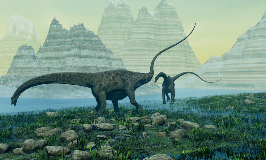 两只Diplodocus恐龙在沼泽区游图片
