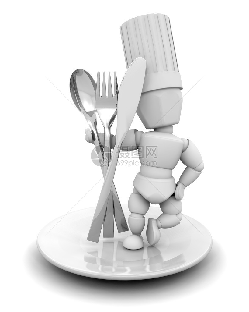 带餐具的厨师的3D渲染图片