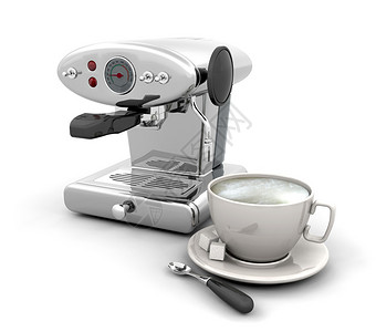 现代咖啡机的3D渲染与一杯咖啡图片
