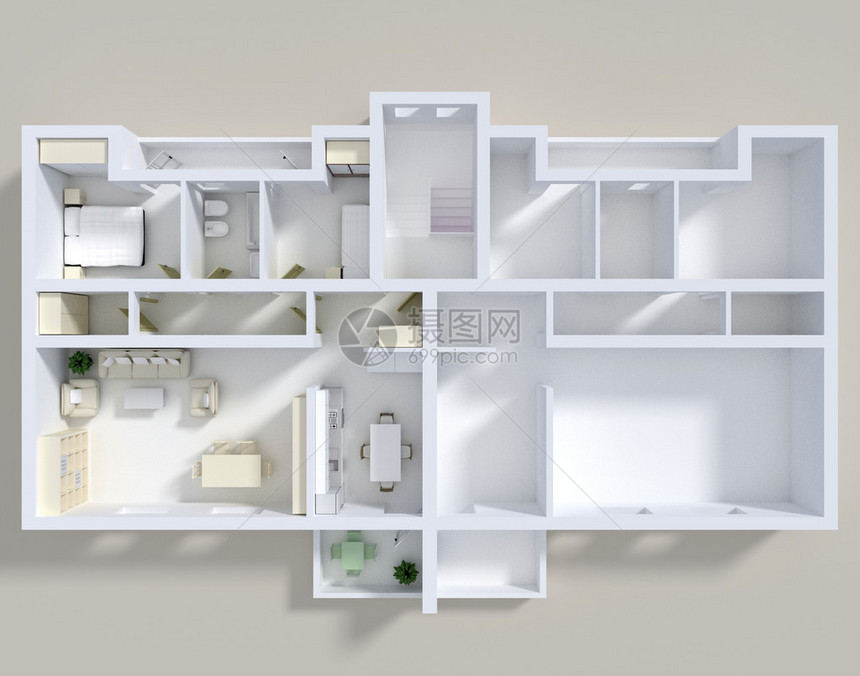 带家具的双人公寓的3d渲染图片