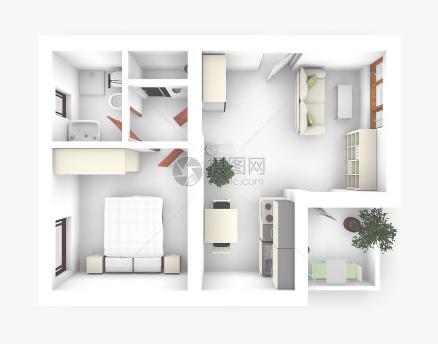 无屋顶的室内公寓3D图片