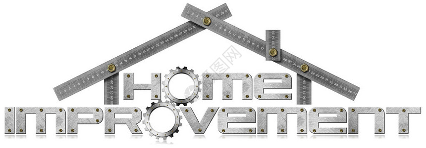 金属符号与文本家装金属齿轮和金属米尺以房子的形式在白图片