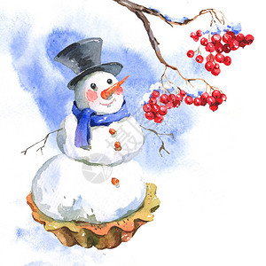 圣诞水彩新年卡配雪人杯蛋糕和罗万背景图片