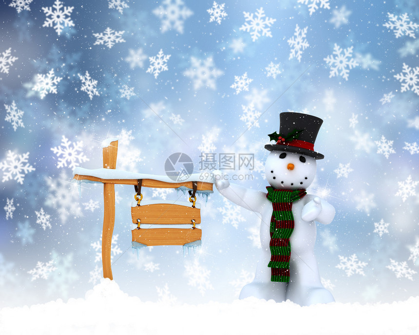圣诞背景与雪人和白雪皑的木牌图片