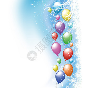 圣诞雪花背景上的彩色派对气球图片