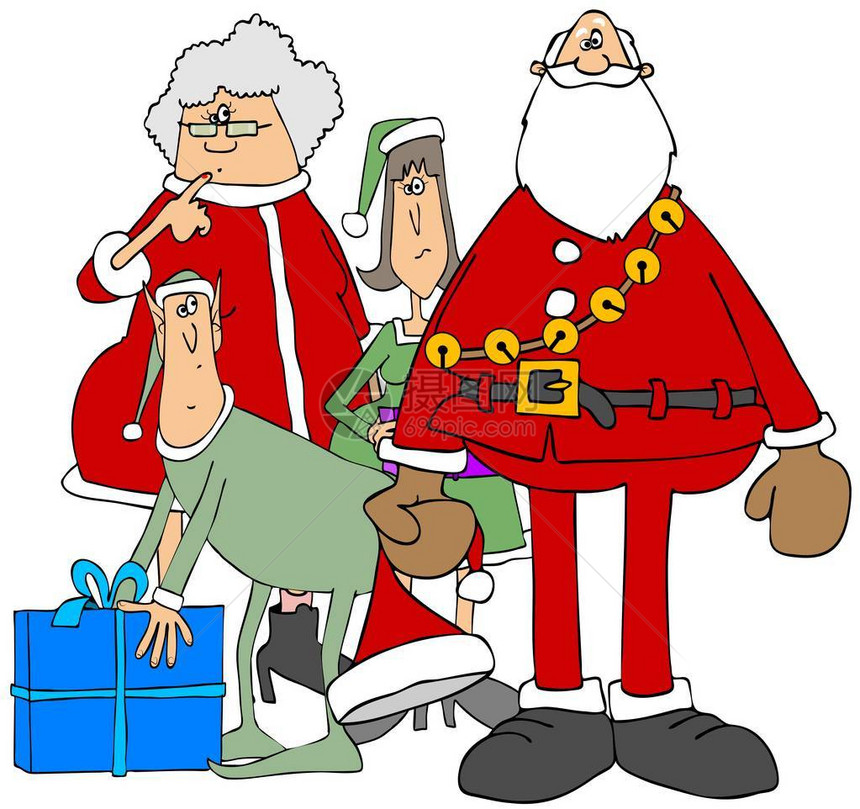 说明圣诞老人和圣诞太站在一只男女精灵图片