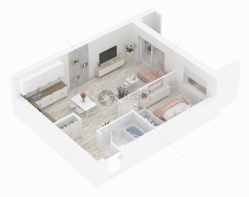 3D房屋平面图3D插图开放式概念图片
