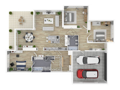 3D插图开放概念式生活房屋布局图片