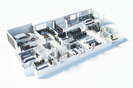 3D插图开放概念式居住公寓布局背景图片