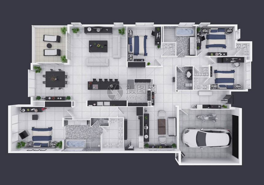 3D插图开放概念式居住公寓布局图片