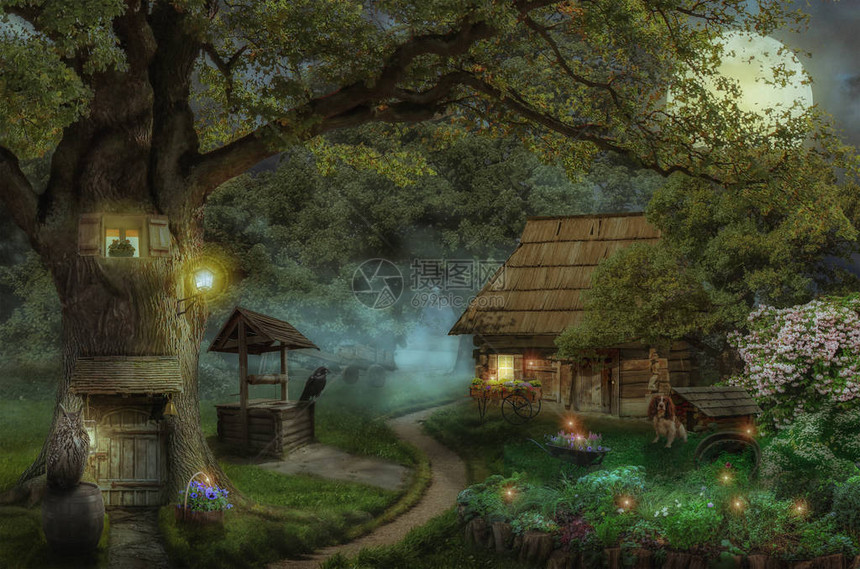月夜森林边缘的童话屋图片