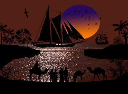 日落时在阿拉伯海景和骆驼大篷车上航图片