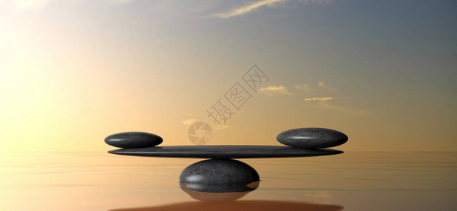 侘寂风平衡概念Zen平衡水面的石头日落设计图片