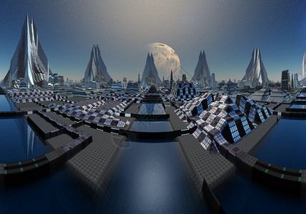 3d从一个外星行上虚构的城市传来天际线月亮和图片