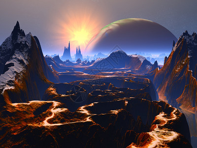 横跨一个岩石峡谷观测到巨大的行星和背景图片