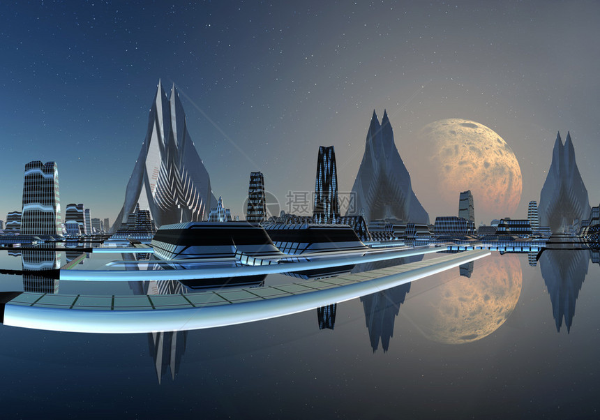 3d从一个外星行上虚构的城市传来天际线月亮和图片