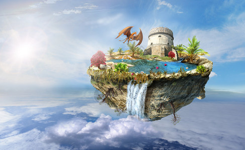 岛上有龙和高塔城堡山上浮起的瀑布正图片