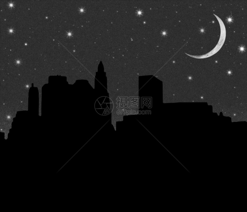 在夜满天星斗的天空和新月背景下的曼哈顿下城剪影图片