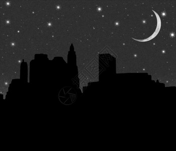 低段在夜满天星斗的天空和新月背景下的曼哈顿下城剪影插画