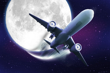 飞行背景中的大型客机和巨大的月亮酷抽象飞行主题五颜六色图片