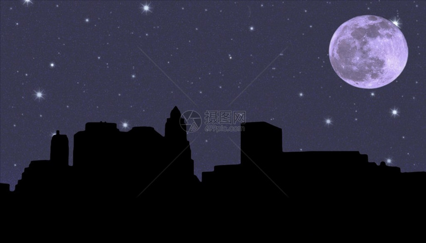 在夜满天星斗的天空和月亮背景下的曼哈顿下城剪影图片