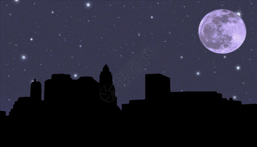 市中心区在夜满天星斗的天空和月亮背景下的曼哈顿下城剪影插画