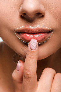 妇女用手指对嘴唇嘴唇放大标记的眼图片