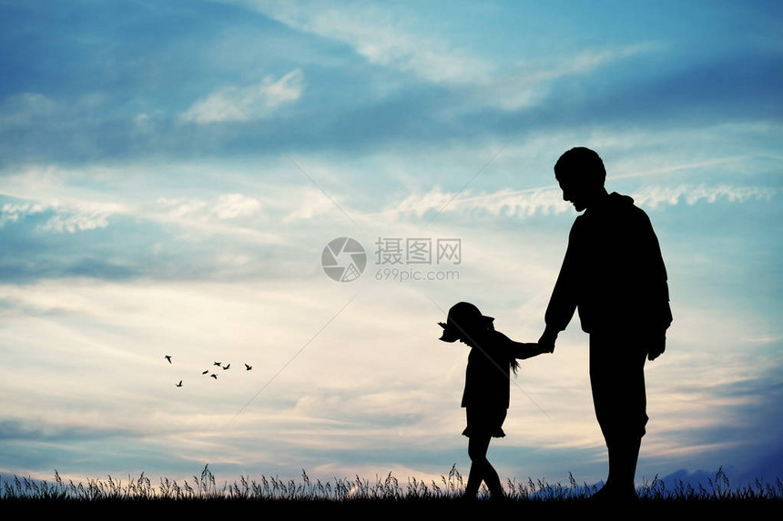 日落时父亲和孩子剪影的插图图片
