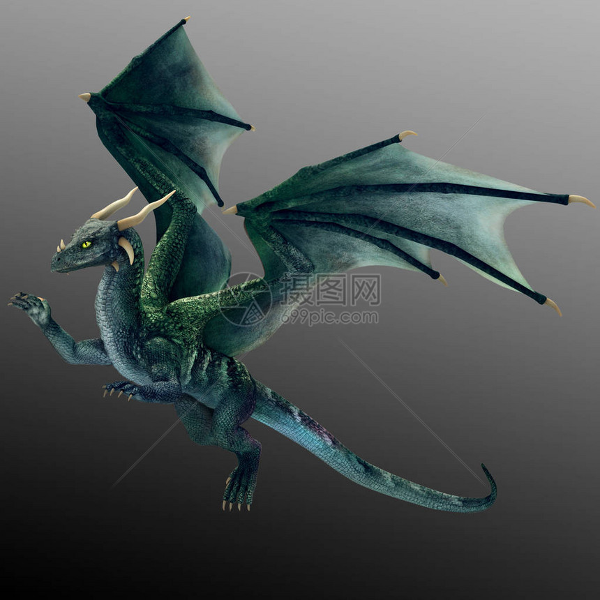 飞行CGI幻想龙与翅膀蓝色和绿色图片